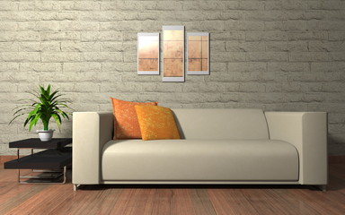 Wohndesign - Sofa beige vor naturstein Mauer