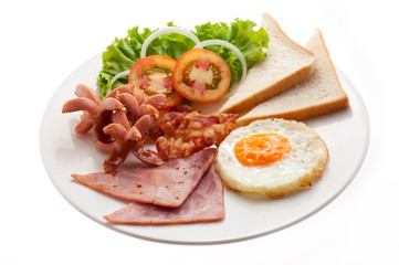 American Breakfast ham bacon egg bread and sausage