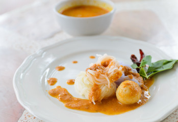 Delicious thai food.KaNom jeen Noodles