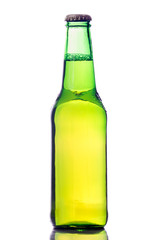 Bottle of beer, on white background, reflection