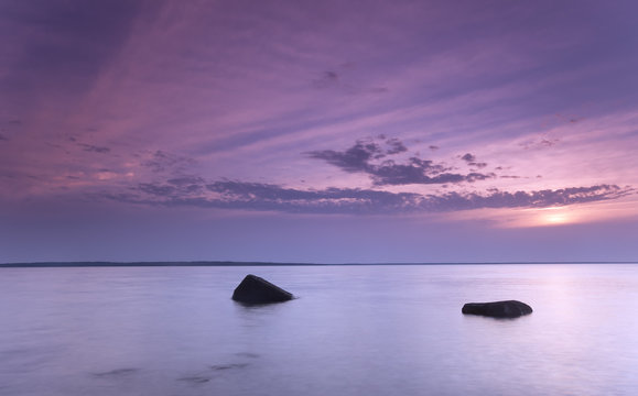 Beautiful ocean sunrise, wide angle photo