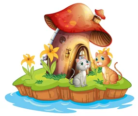 Fotobehang Sprookjeswereld Een paddenstoelenhuis met twee katten