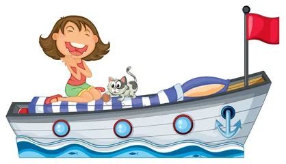Papier Peint photo Chats Un bateau avec une fille et un chat