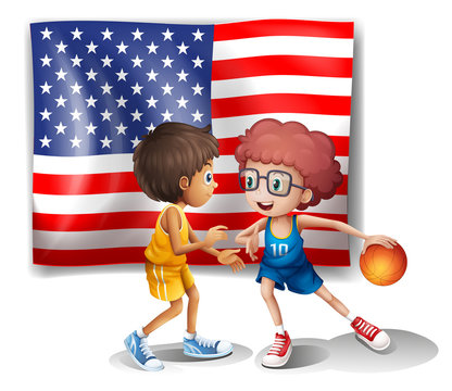 The USA flag and the two basketball players