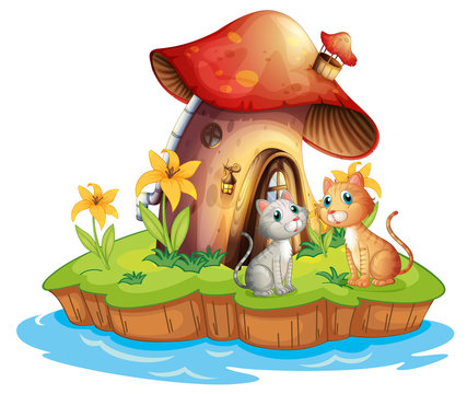 A mushroom house with two cats