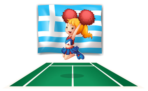 A cheerdancer in front of the flag of Greece