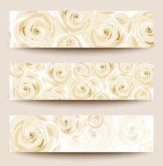 Set of three vector banners with white roses.