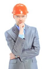 Serious architect man standing isolated