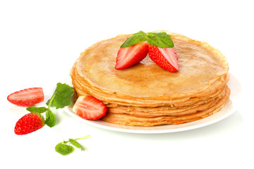 stack of pancakes. crepes with with butter and strawberry