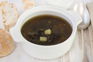 mushroom soup in white bowl