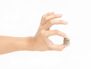 Hands and coins, isolated on white background