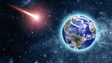 Obraz na płótnie Canvas kometa zbliża się do niebieskiej planety w przestrzeni kosmicznej