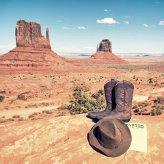 Papier Peint photo Lavable Parc naturel boots and hat at Monument Valley