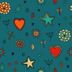 Cute seamless pattern with flowers hearts and star