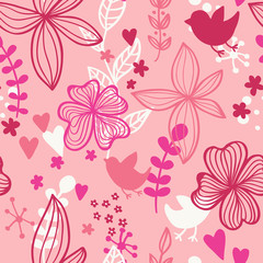 Cute seamless pattern with flowers and birds