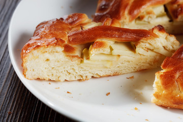 Piece of apple pie is laying on white plate