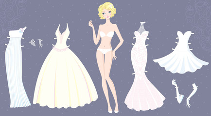 Paper doll of cute girl with wedding dresses