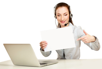 Call center woman with headset holding blank sign.