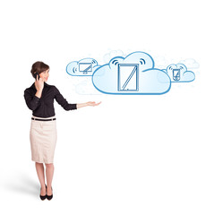 young woman presenting modern devices in clouds