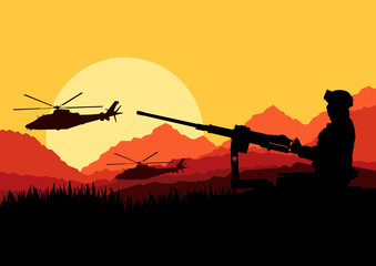 Fototapeta na wymiar ¯ołnierz AK z helikoptery, pistolety i transportu w dzikiej d