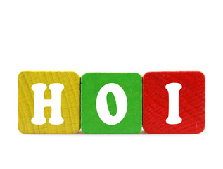 hoi - isolated text in wooden building blocks