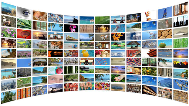 Mur d'images courbe, arrière-plan de collage de photos, mosaïque d'image effet 3D