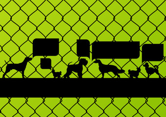 Imprisoned dogs behind wire mesh fence with speech bubbles