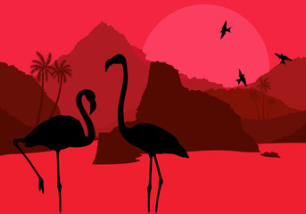 Flamingo couple in Africa wild nature mountain landscape