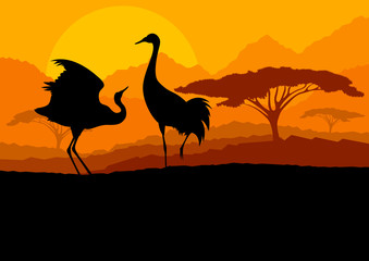 Crane couple in wild mountain nature landscape background illust