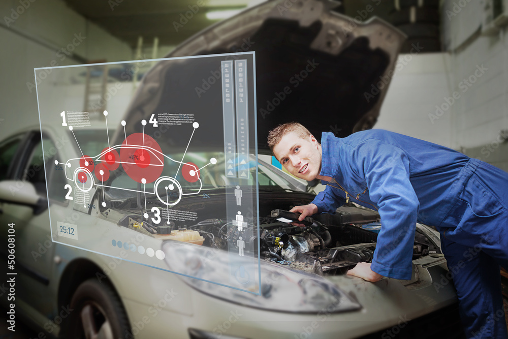 Poster Mechanic with open hood consulting interface