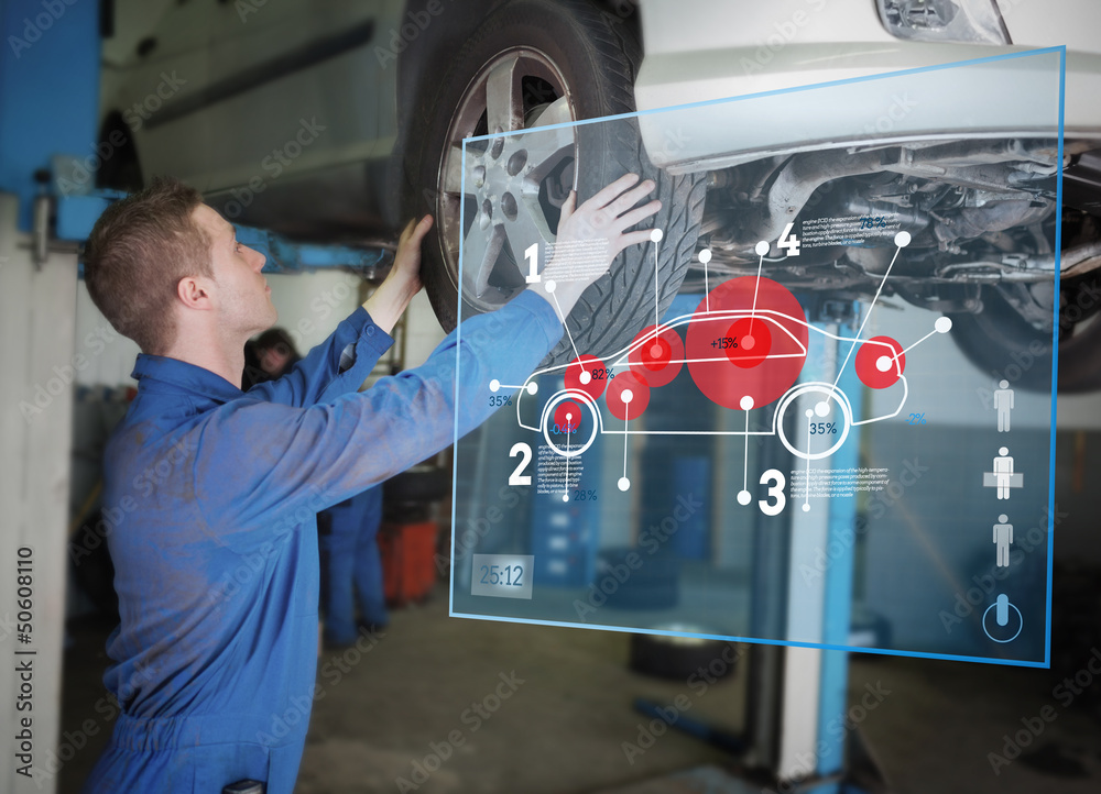 Poster mechanic checking wheel of a car helped by interface