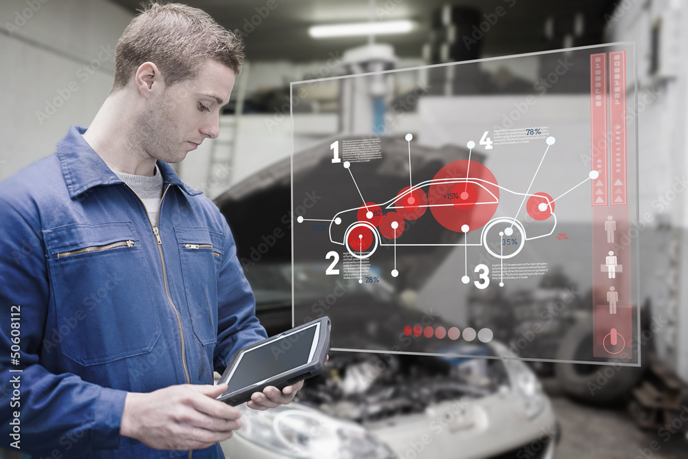 Aufkleber mechanic using tablet and futuristic interface