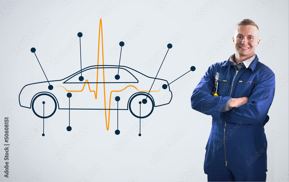 Poster mechanic standing in front of a background with car diagram