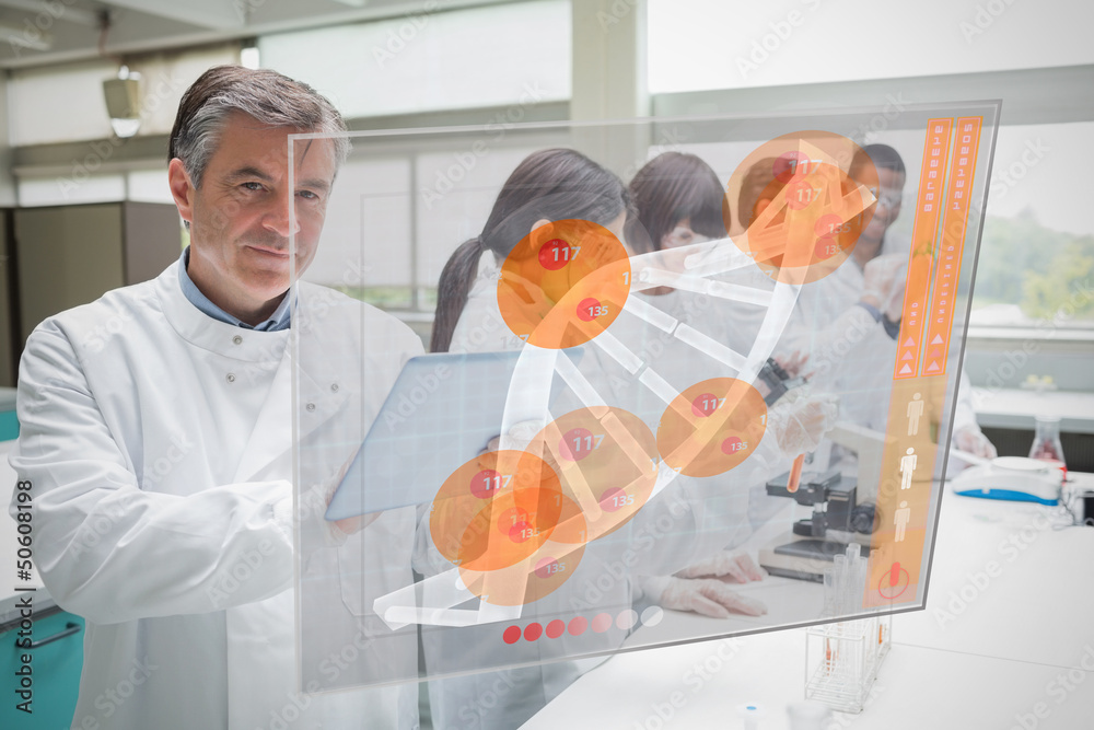 Poster Confident scientist working with tablet and futuristic interface