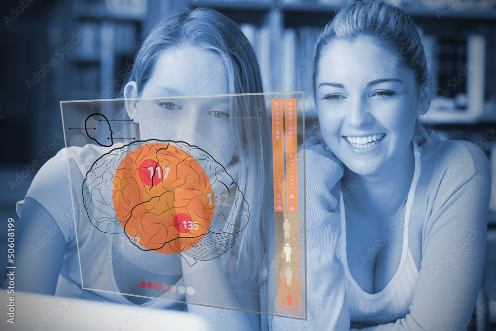 Poster blue picture of students studying with laptop and futuristic int
