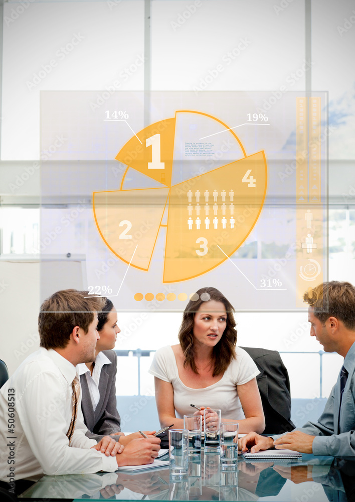 Poster Business workers using yellow pie chart interface