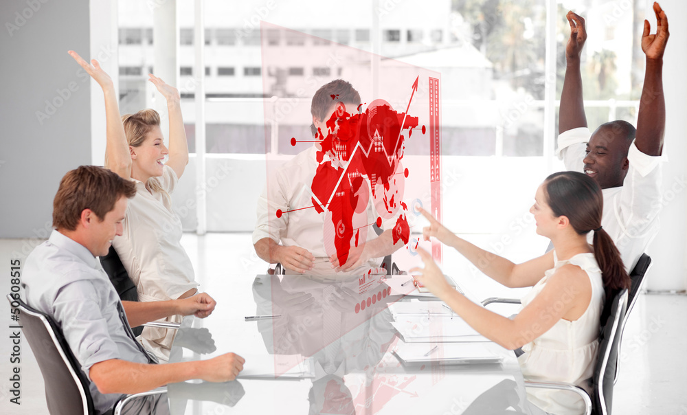 Poster Cheerful business workers using red map diagram interface