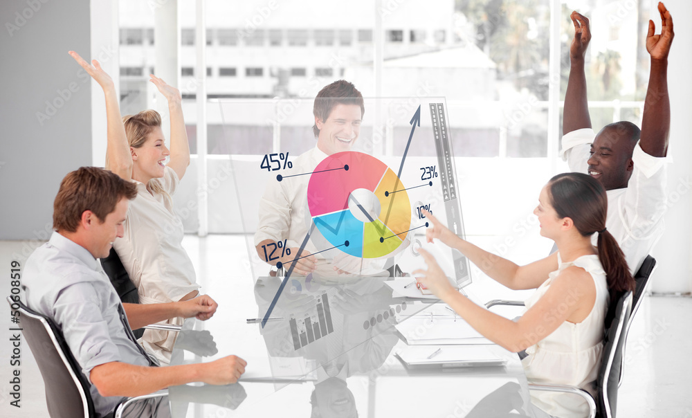 Poster Cheerful business workers using colorful pie chart interface
