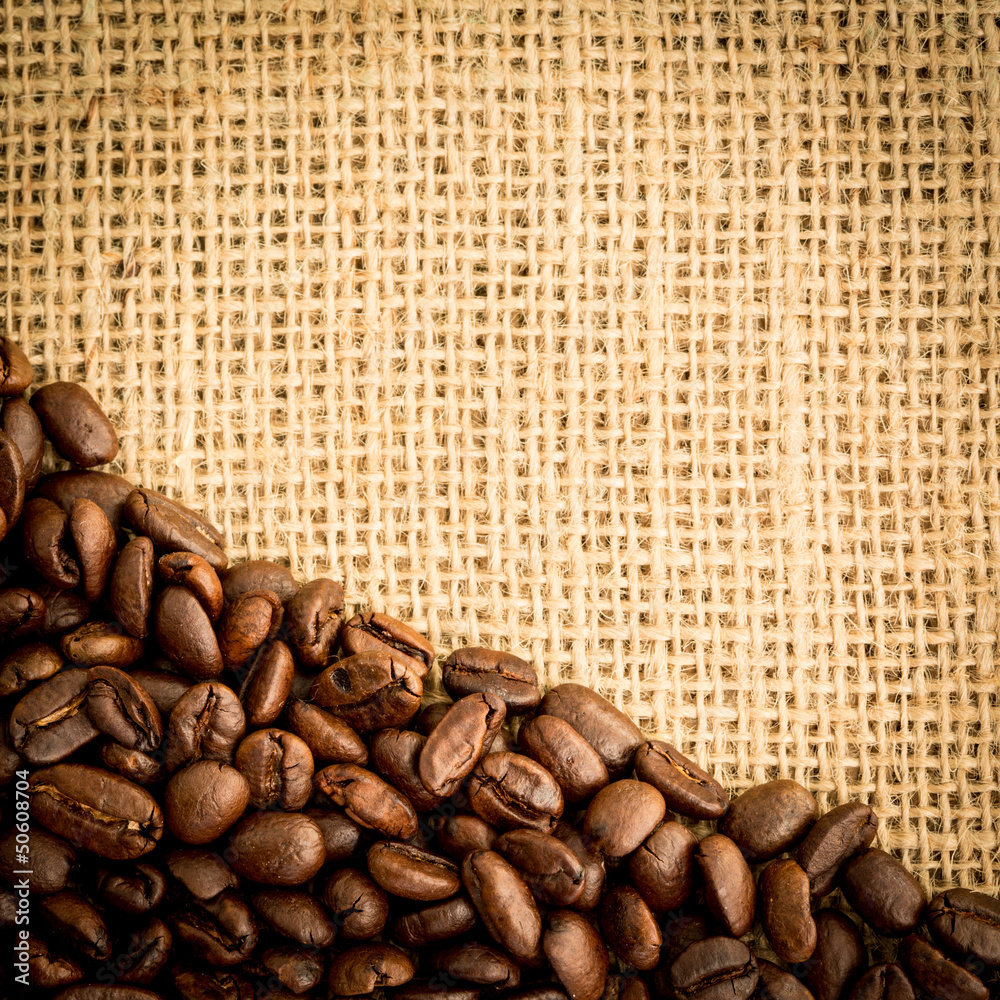 Poster burlap sack and pile of coffee beans with copy space