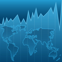 illustration of business graphs with world map blue background.