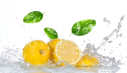 Fototapeten Zitrone mit Spritzwasser isoliert auf weiß © Lukas Gojda