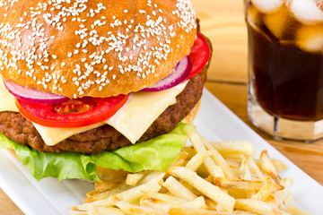 Hamburger with French fries