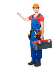 Handyman with tools full portrait isolated