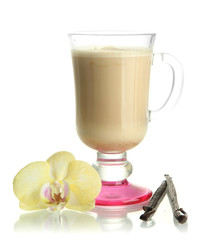 Fragrant coffee latte in glass cup with vanilla pods isolated