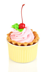 Cake with cherry in bowl for baking isolated on white