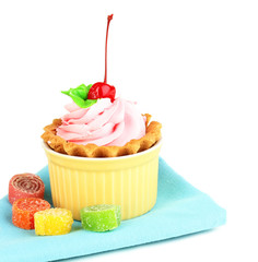 Cake with cherry in bowl for baking isolated on white