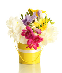 Beautiful bouquet of freesias in pail, isolated on white