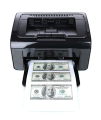 Printer printing fake dollar bills isolated on white