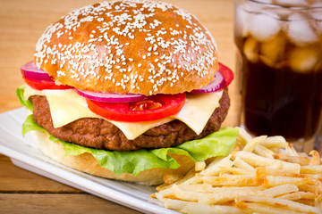 Hamburger with French fries
