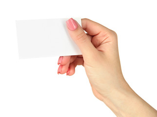Fototapeta premium Female hand holding business card, isolated on white